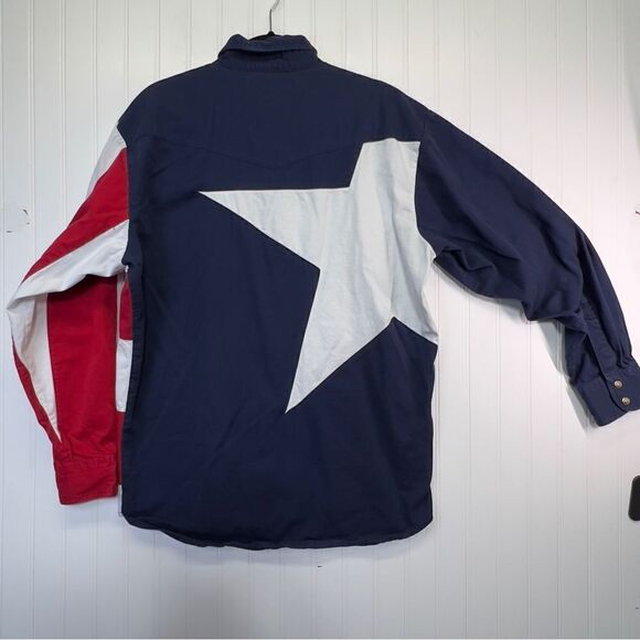 90's Wrangler Western Shirt Texas Flag Button Down Long Sleeve Red White Blue L - Picture 11 of 15